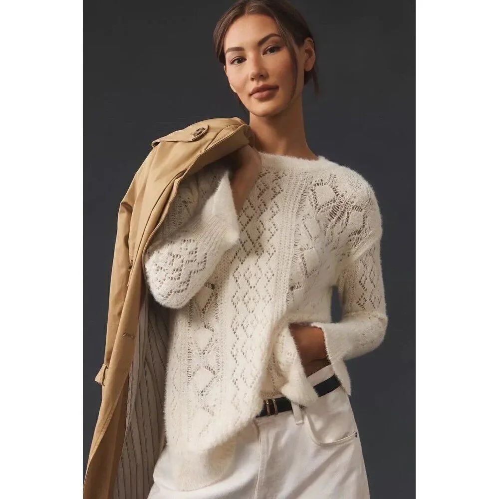 NWT ANTHROPOLOGIE Sz XS PILCRO DISTRESSED STITCH LONGLINE SWEATER IVORY